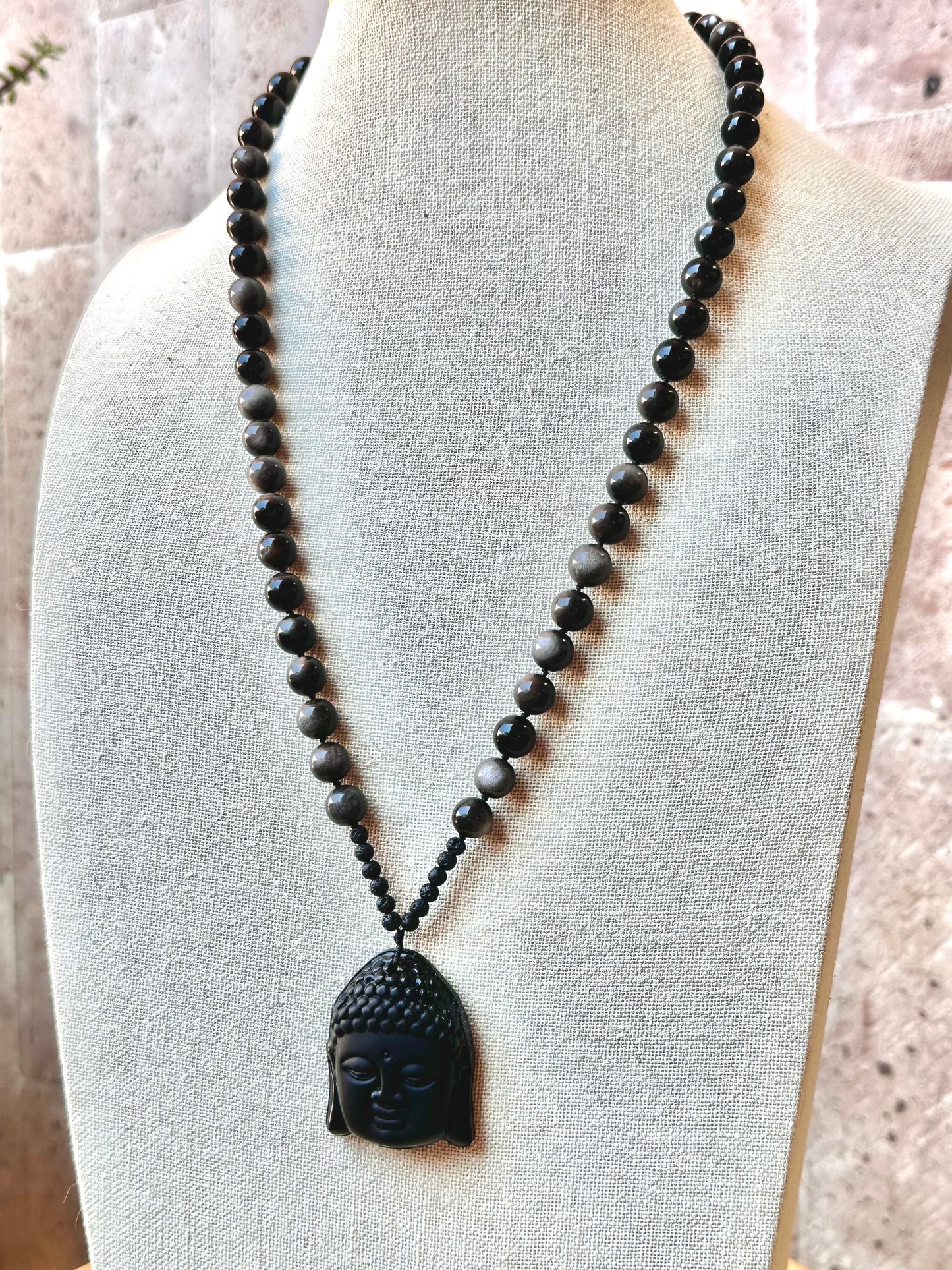 Collar de Buda de Obsidiana con Obsidiana Plateada