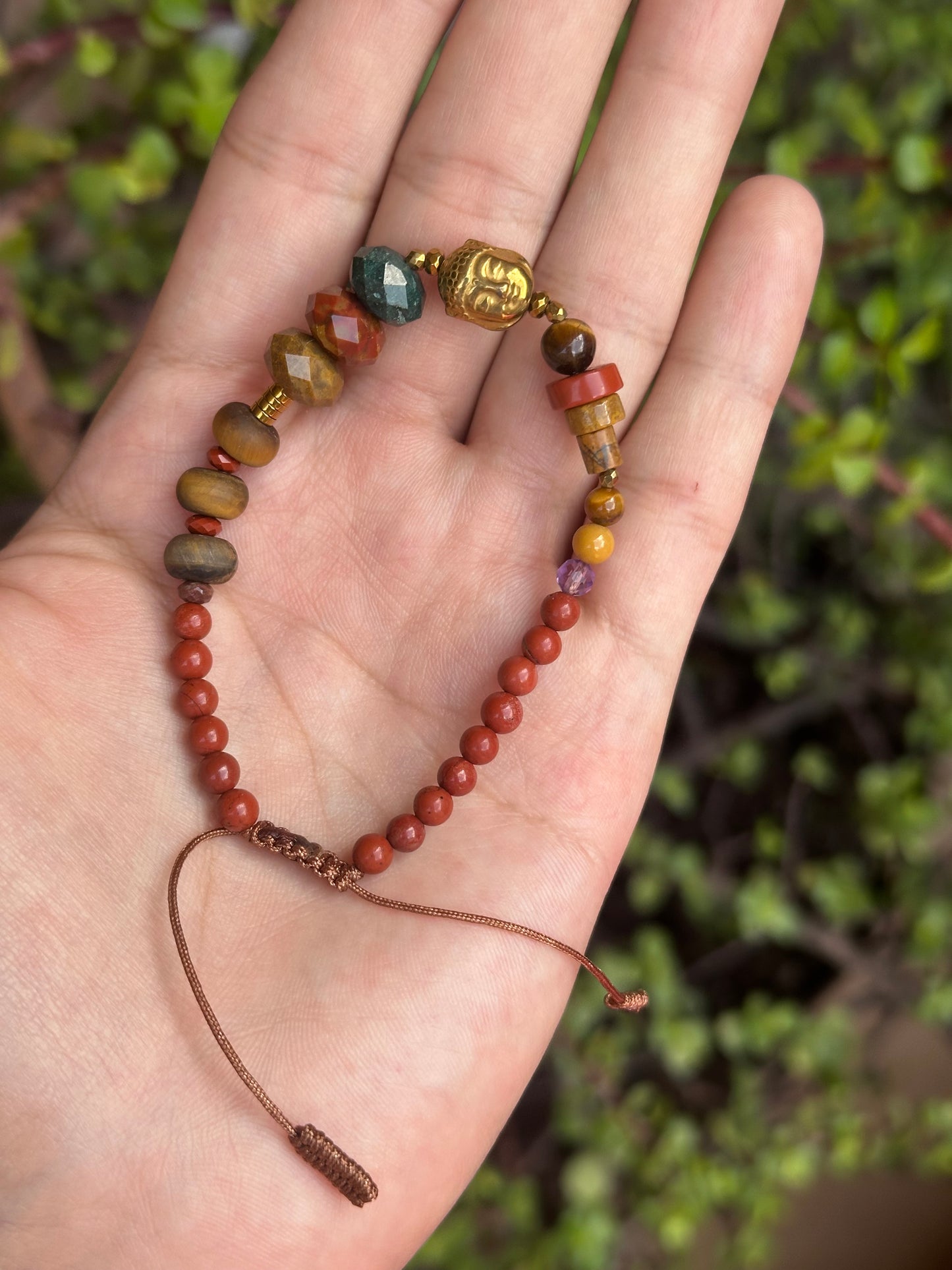 Pulsera ajustable de mokaita, hematita, jaspe rojo & amatista