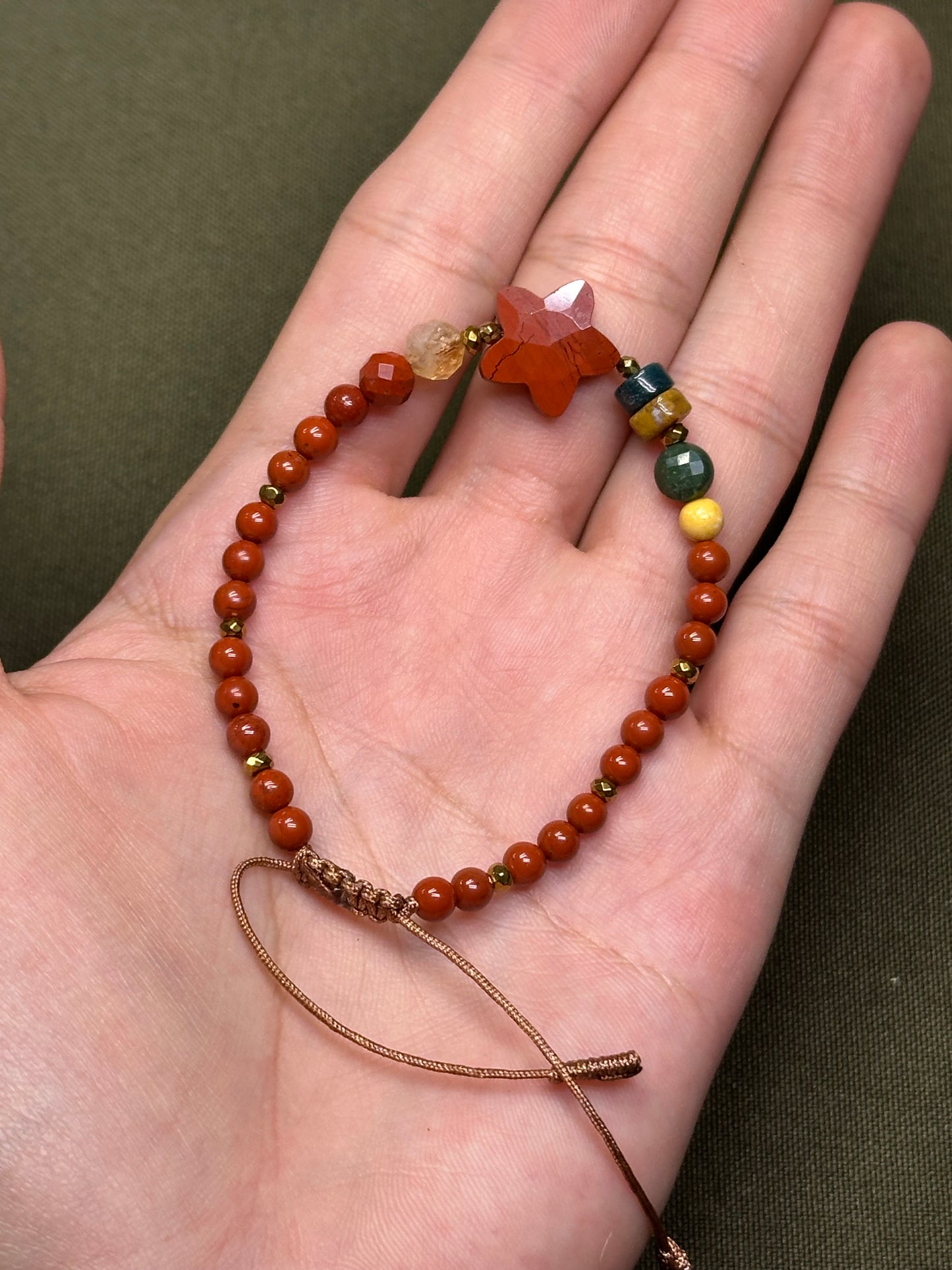 Pulsera Ajustable de Jaspe Rojo, Mokaita, Hematita y Citrino 6mm