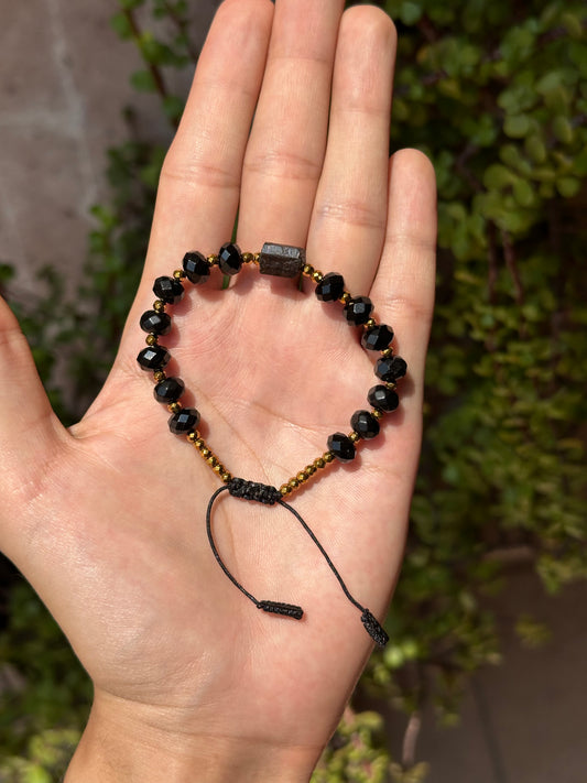 Pulsera Ajustable de Obsidiana Negra facetada, Turmalina y Hematita