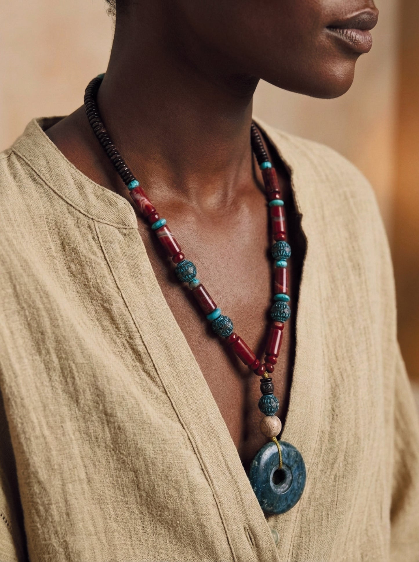 Collar Tulum- Coco, Jaspe, Palo Santo y Crisocola