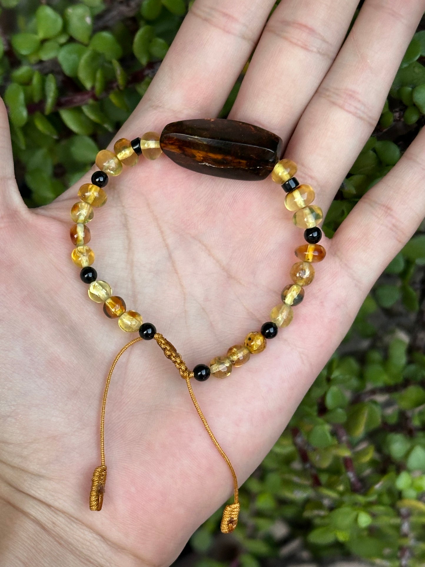 Pulsera Ajustable de Ámbar, Turmalina y Obsidiana