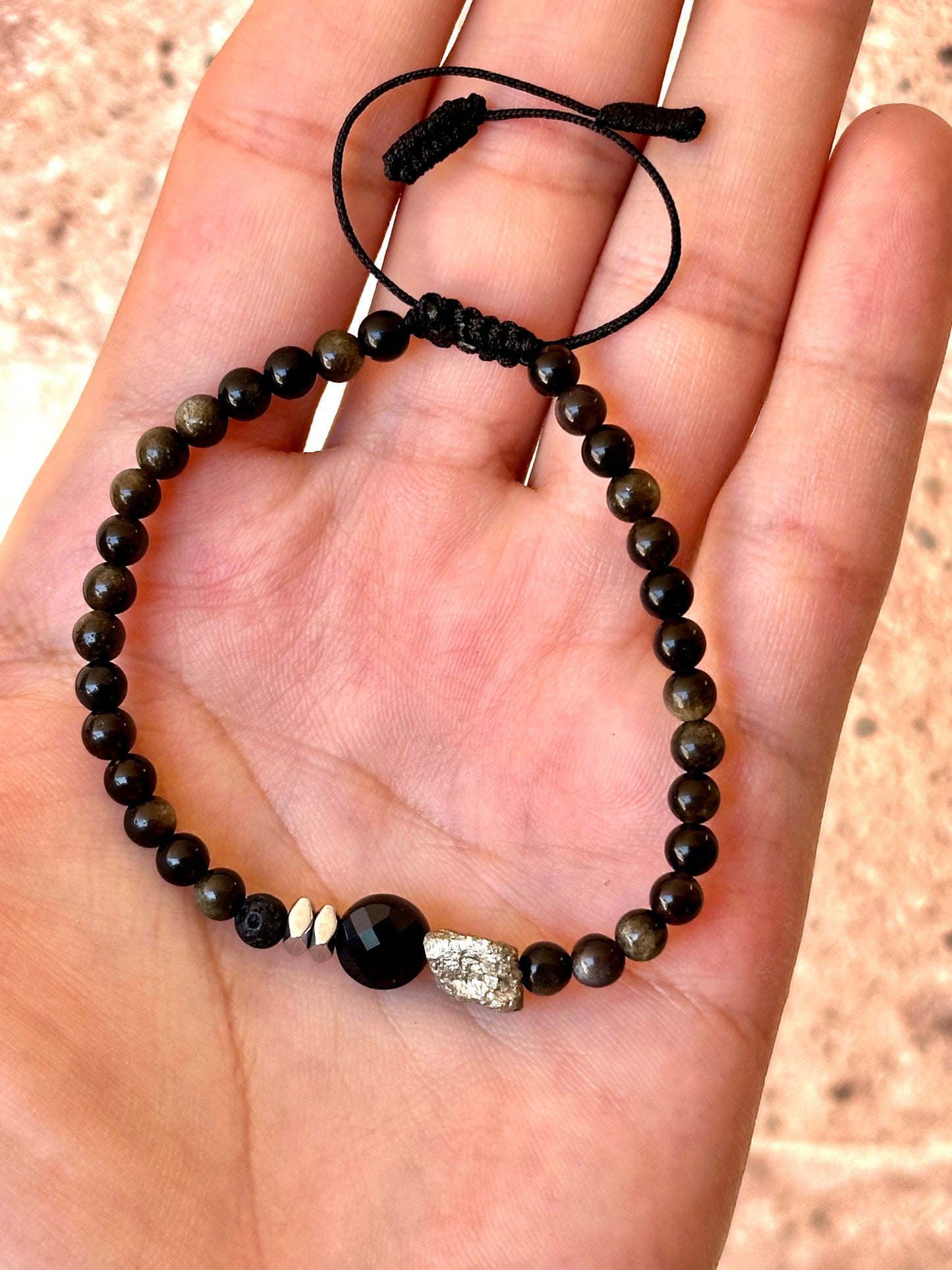 Pulsera Ajustable de Obsidiana Dorada, Pirita, Hematita, Piedra Volcánica y Turmalina Negra | Protección Suprema