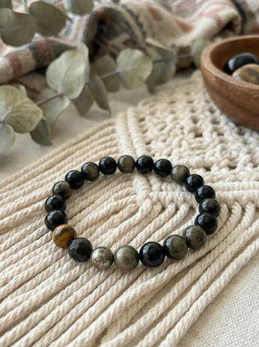Pulsera de Ojo de Tigre, Obsidiana dorada, Pirita y Ónix