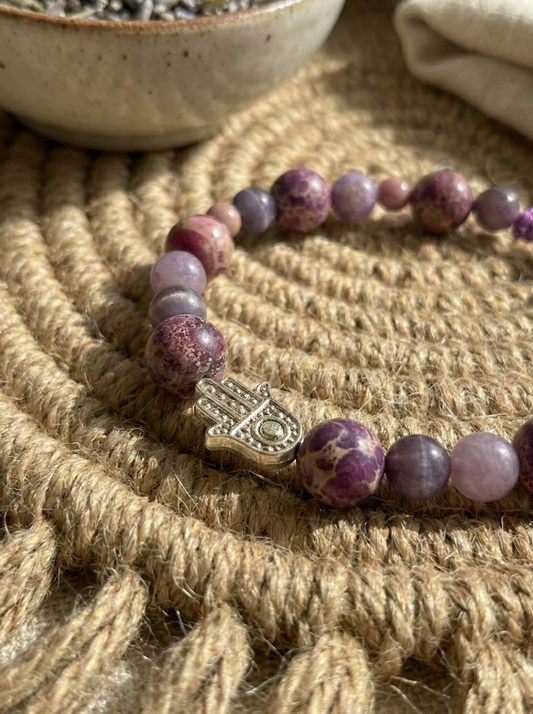 Pulsera ajustable Jaspe imperial, ojo de gato, ópalo rosa y Mano de fátima