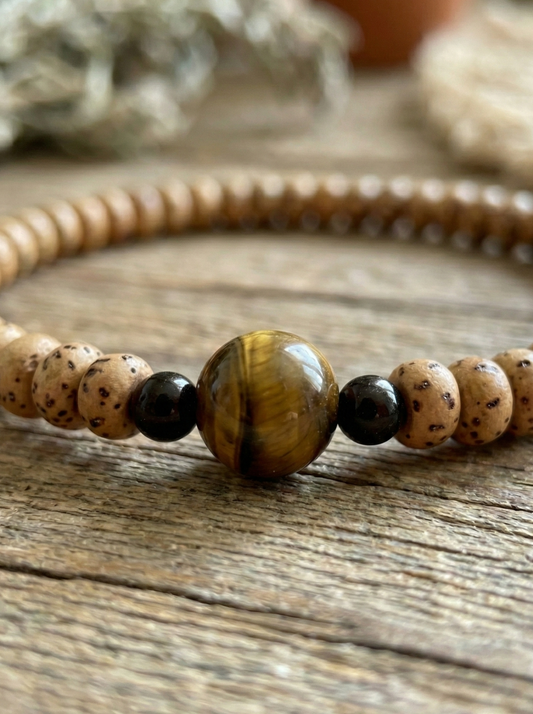 Pulsera Ajustable Ojo de Tigre, Ónix y Semilla Loto