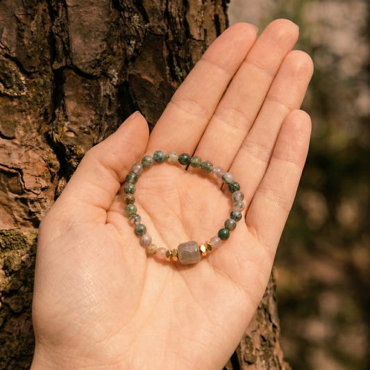 Pulsera ajustable Turmalina rosa, hematita, ágata musgosa y cuarzo rosa