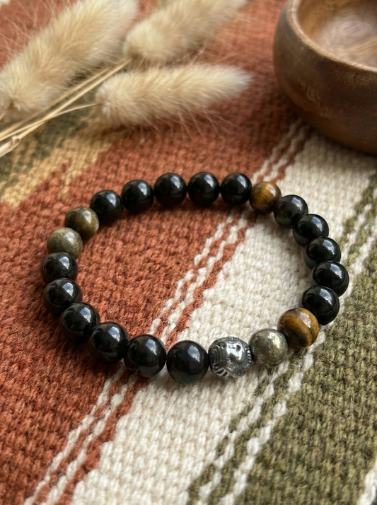 Pulsera ajustable de Obsidiana, Pirita y Hematita