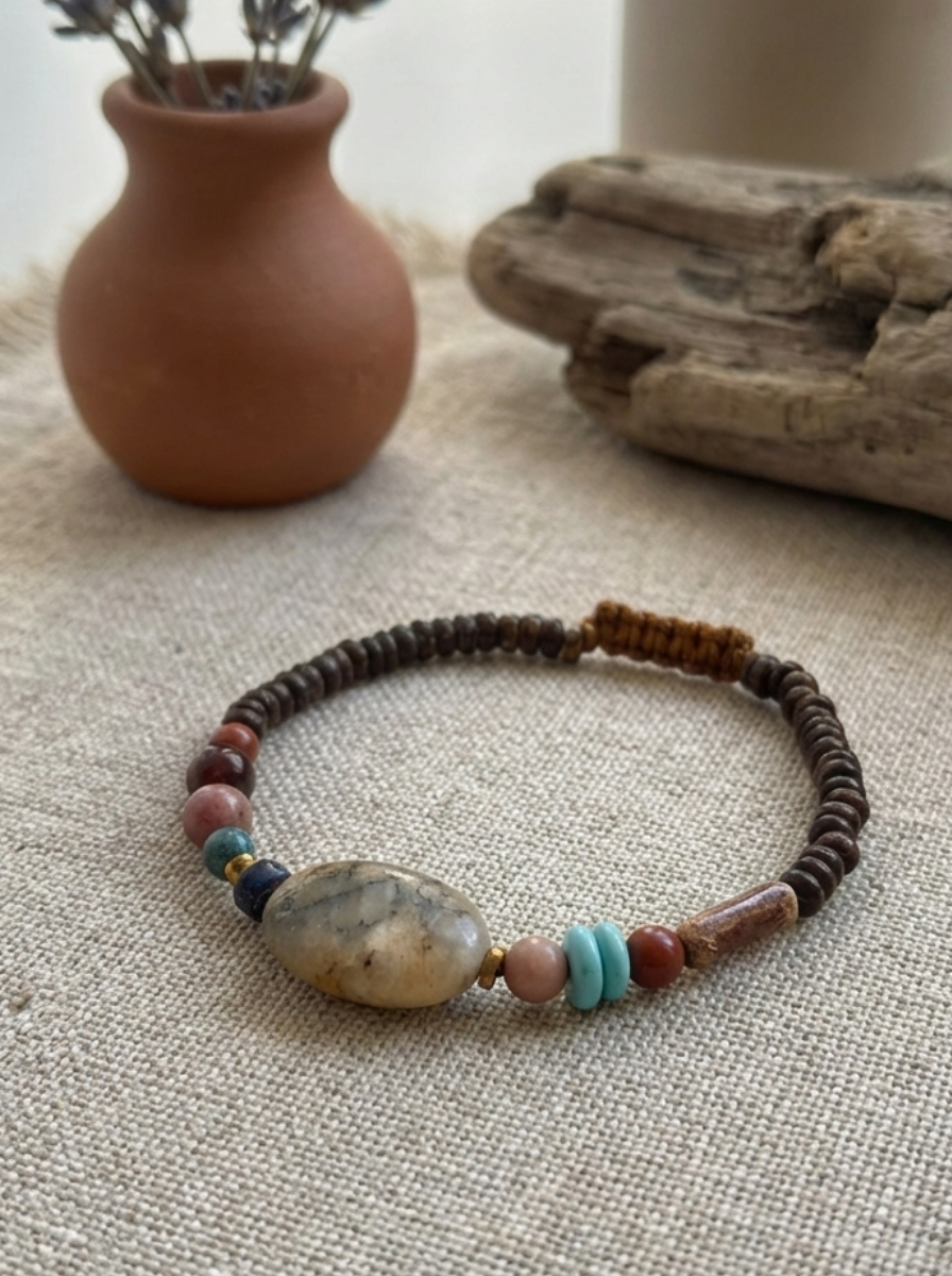 Pulsera ajustable de Coco y jaspe imperial, turquesa, jaspe rojo, granate rojo y ópalo rosa