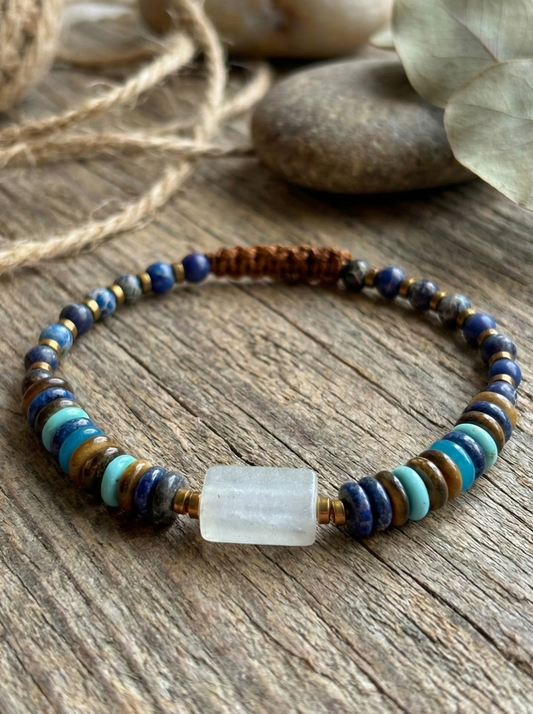 Pulsera ajustable de Aguamarina, ojo tigre, lapislázuli y turquesa