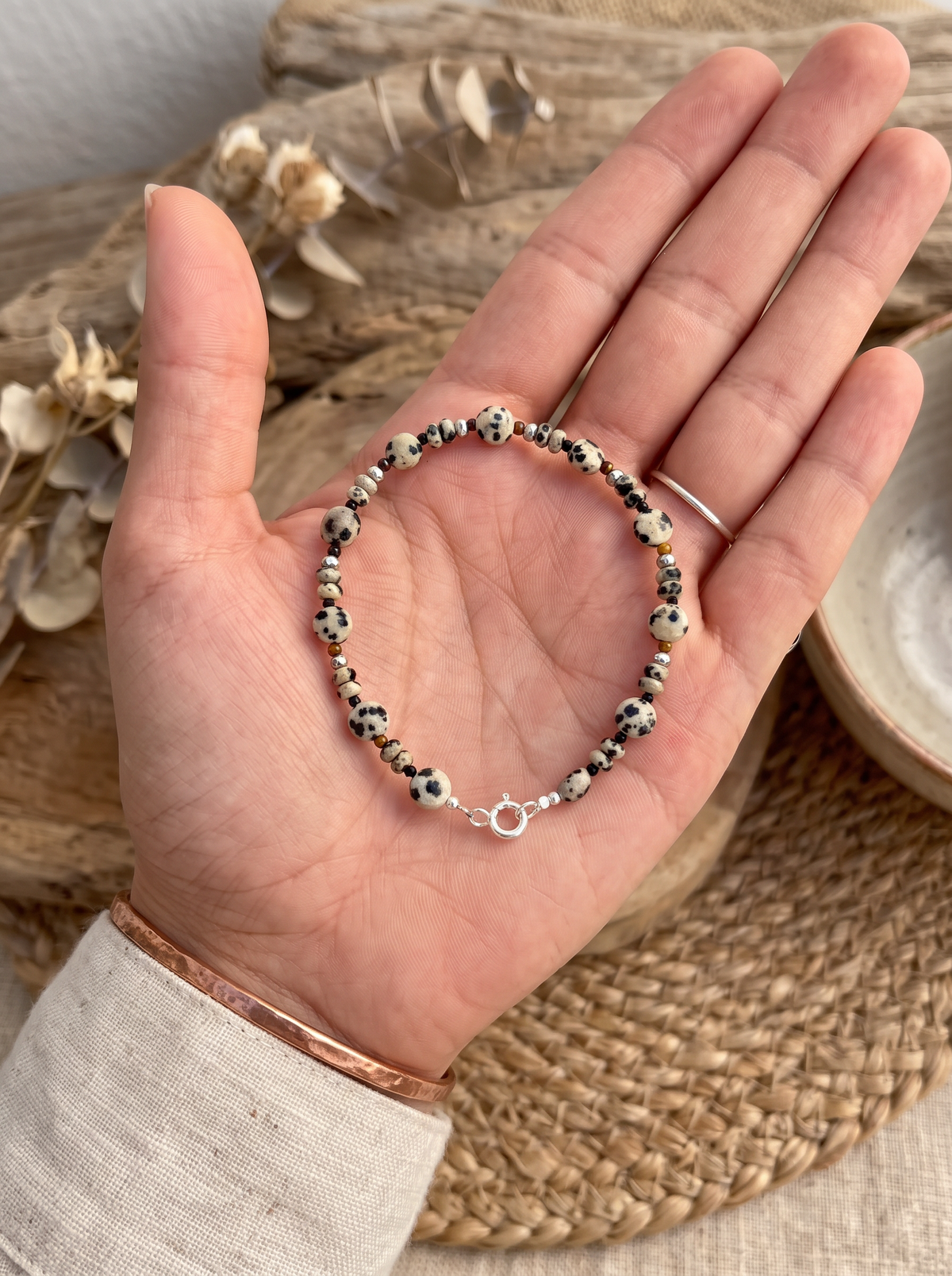 Pulsera · Jaspe Dálmata, Ojo de Tigre, Ágata Negra y Hematita