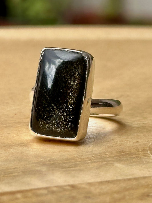 Anillo ajustable de Obsidiana dorada rectangular