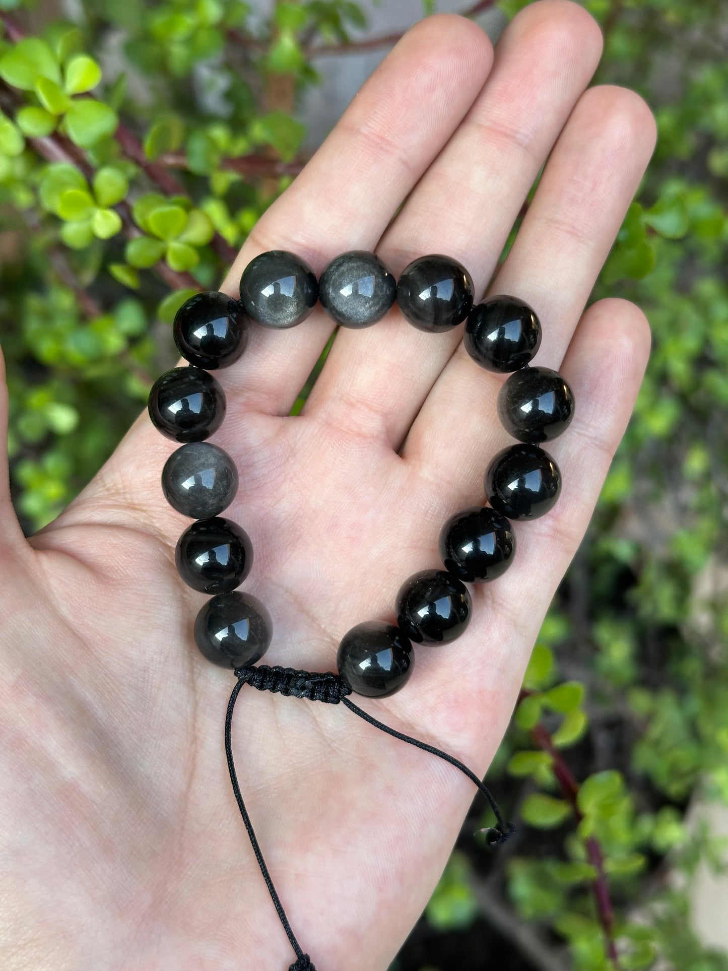 Pulsera Ajustable de Obsidiana Plateada 12mm