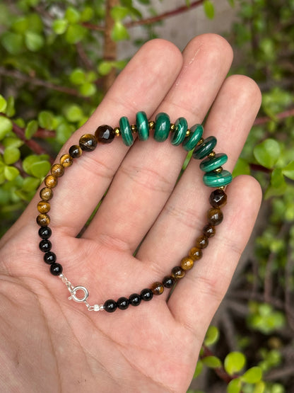 Pulsera Ajustable de Malaquita, Ojo de Tigre, Hematita y Turmalina