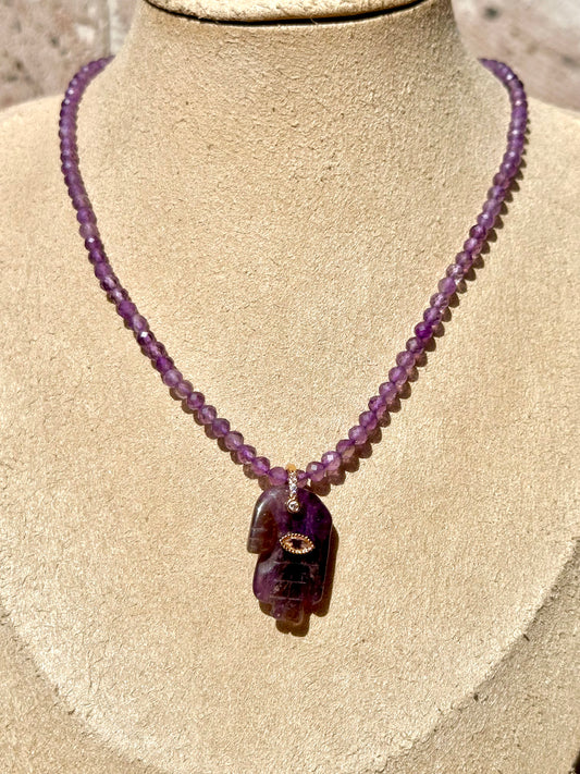 Collar Ajustable de Mano de Fátima con Cuarzo Amatista