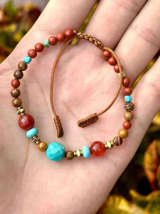 Pulsera Ajustable de Turquesa, Hematita Dorada, jaspe rojo y jaspe mariam