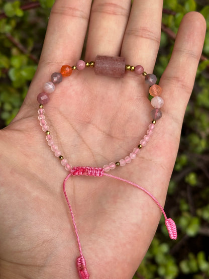 Pulsera ajustable de ágata Botswana, piedra sol, cuarzo rosa & hematita