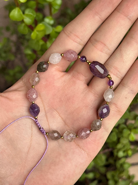 Pulsera Ajustable de Amatista, Cuarzo Rutilado y Cuarzo Fresa grande