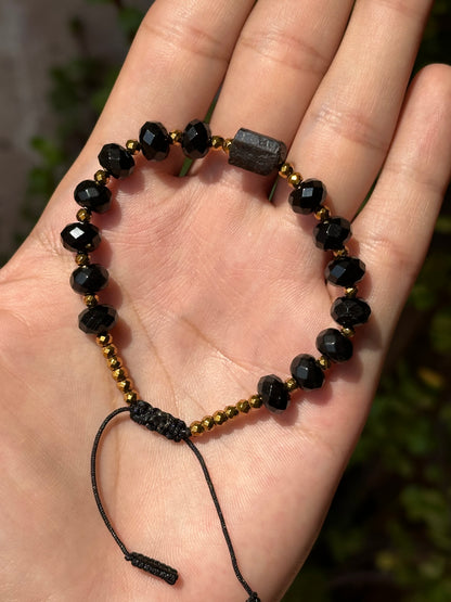 Pulsera Ajustable de Obsidiana Negra facetada, Turmalina y Hematita