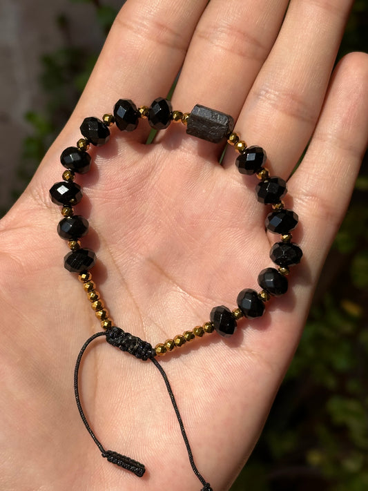 Pulsera Ajustable de Obsidiana Negra facetada, Turmalina y Hematita