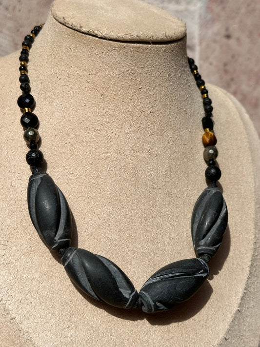Collar Ajustable de piedra volcánica, turmalina negra, pirita, ojo de tigre y hematita