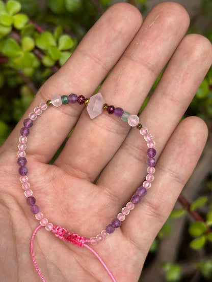 Pulsera Ajustable de Cuarzo Rosa, Amatista, Aventurina Verde, Hematita y Granate