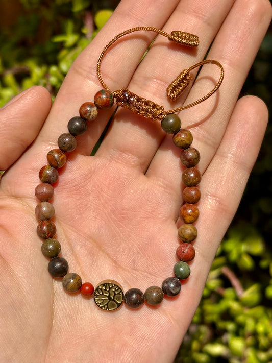 Pulsera Ajustable de Jaspe Picasso y Hematita Dorada del Árbol de la Vida | Creatividad y Conexión
