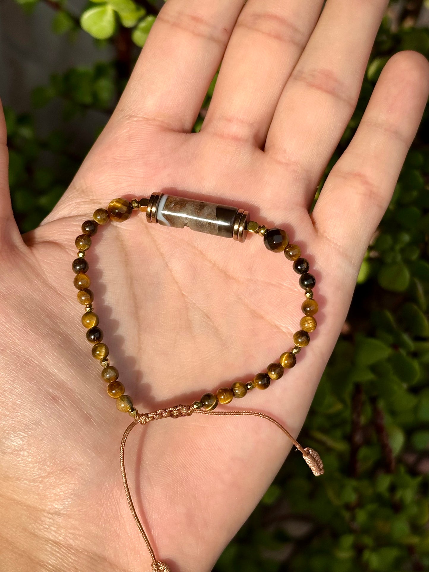 Pulsera Ajustable de Ojo de Tigre 3mm y Ágata Bandeada