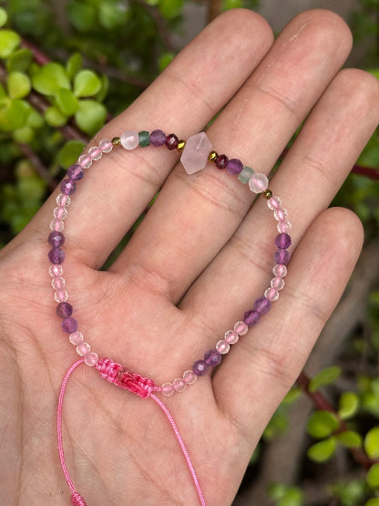Pulsera Ajustable de Cuarzo Rosa, Amatista, Aventurina Verde, Hematita y Granate