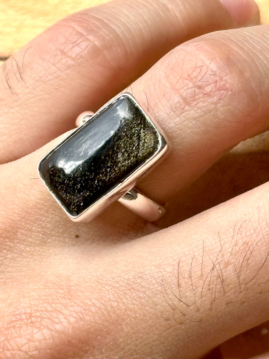Anillo ajustable de Obsidiana dorada rectangular