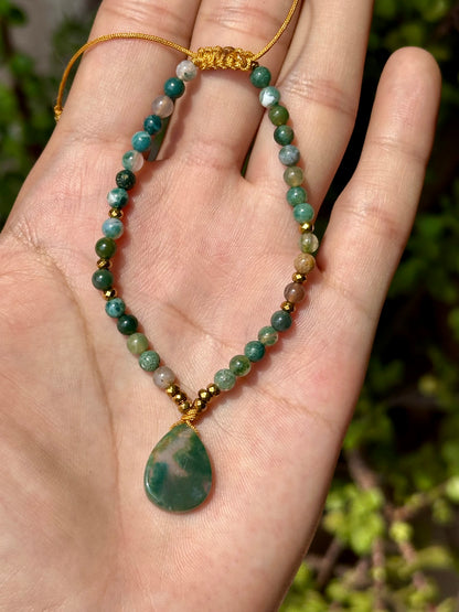 Pulsera Ajustable de Ágata Musgosa, Ágata de la India y Hematita 4mm