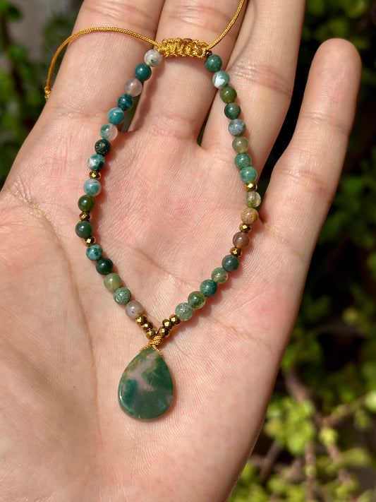 Pulsera Ajustable de Ágata Musgosa, Ágata de la India y Hematita 4mm