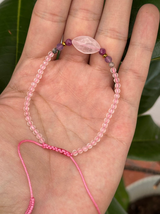 Pulsera Ajustable · Cuarzo Rosa, Amatista, Rodocrosita & Hematita