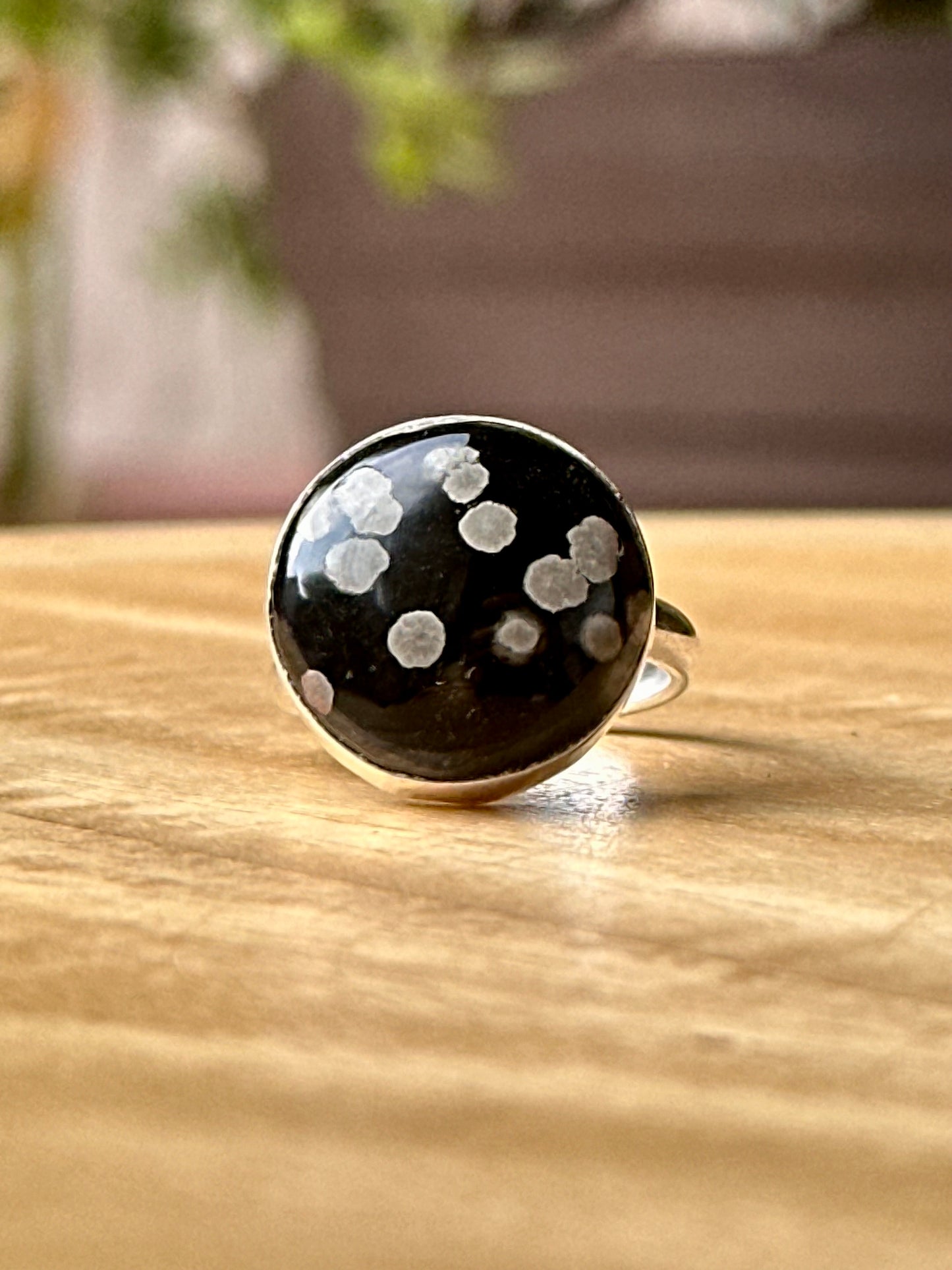 Anillo ajustable de Obsidiana copo de nieve