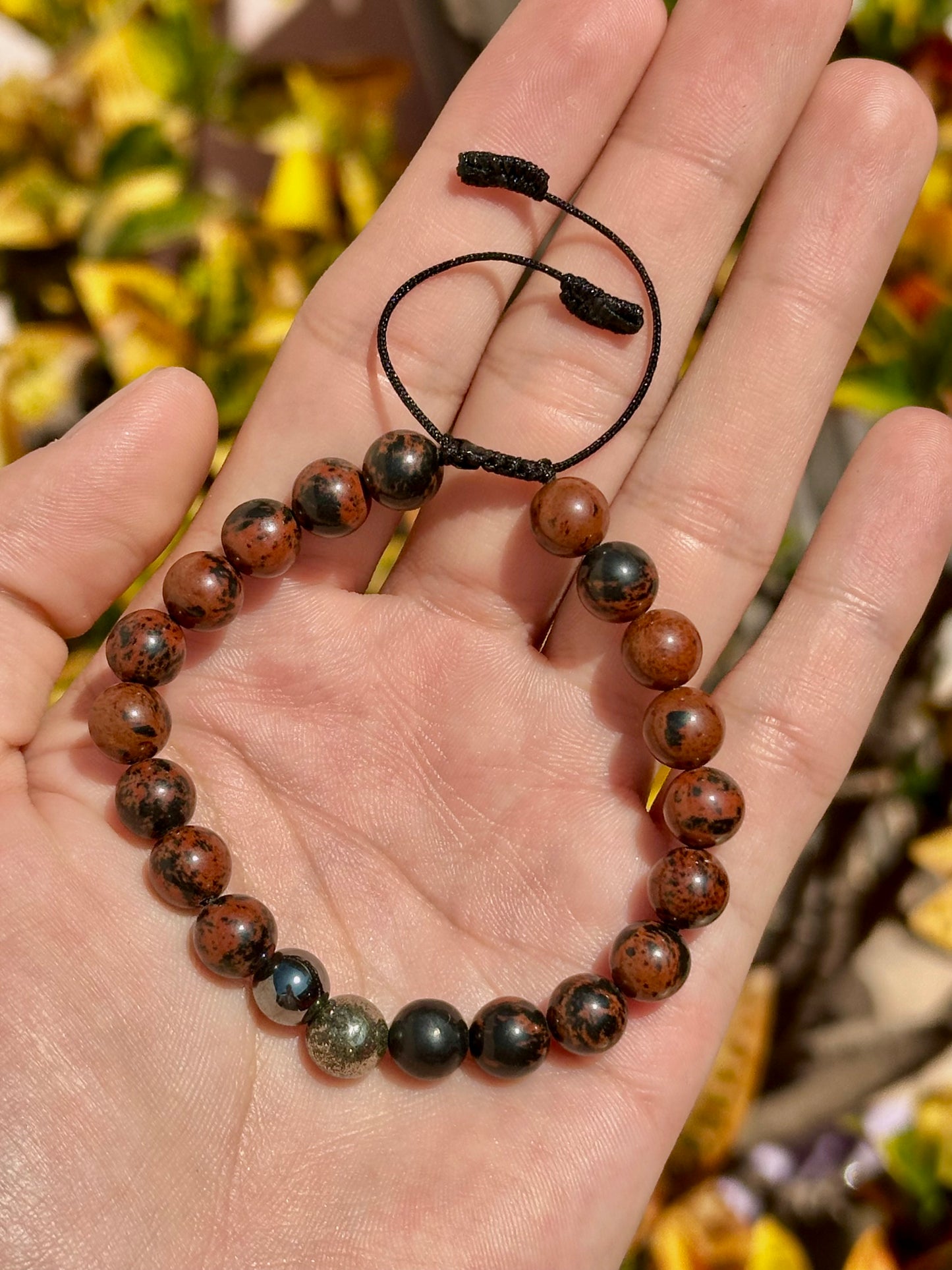 Pulsera Ajustable de Pirita, Hematita, Shungita y Obsidiana Caoba