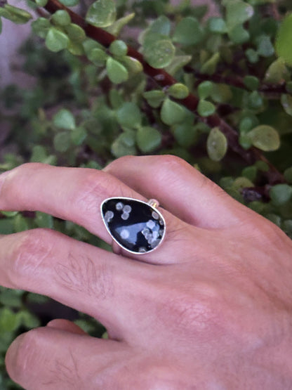 Anillo ajustable de Obsidiana copo de nieve