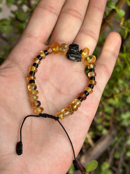 Pulsera Ajustable de Ámbar, Turmalina y Obsidiana