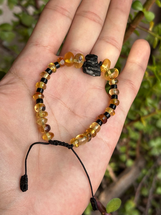 Pulsera Ajustable de Ámbar, Turmalina y Obsidiana