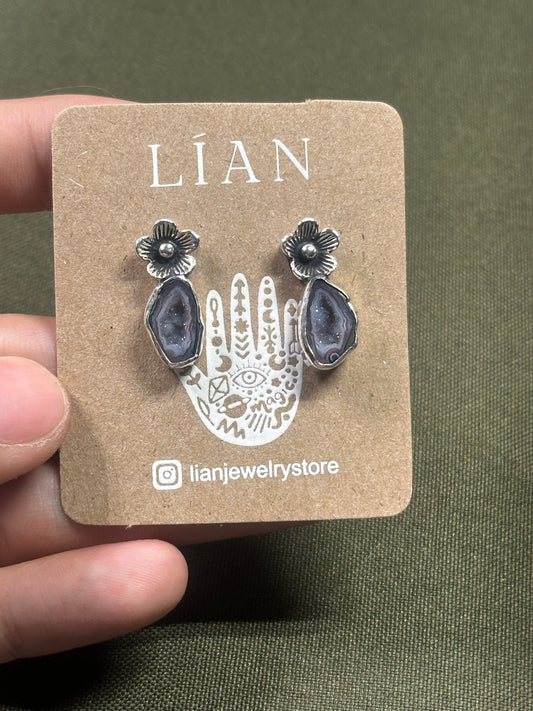 Aretes de flor & ágata con geoda