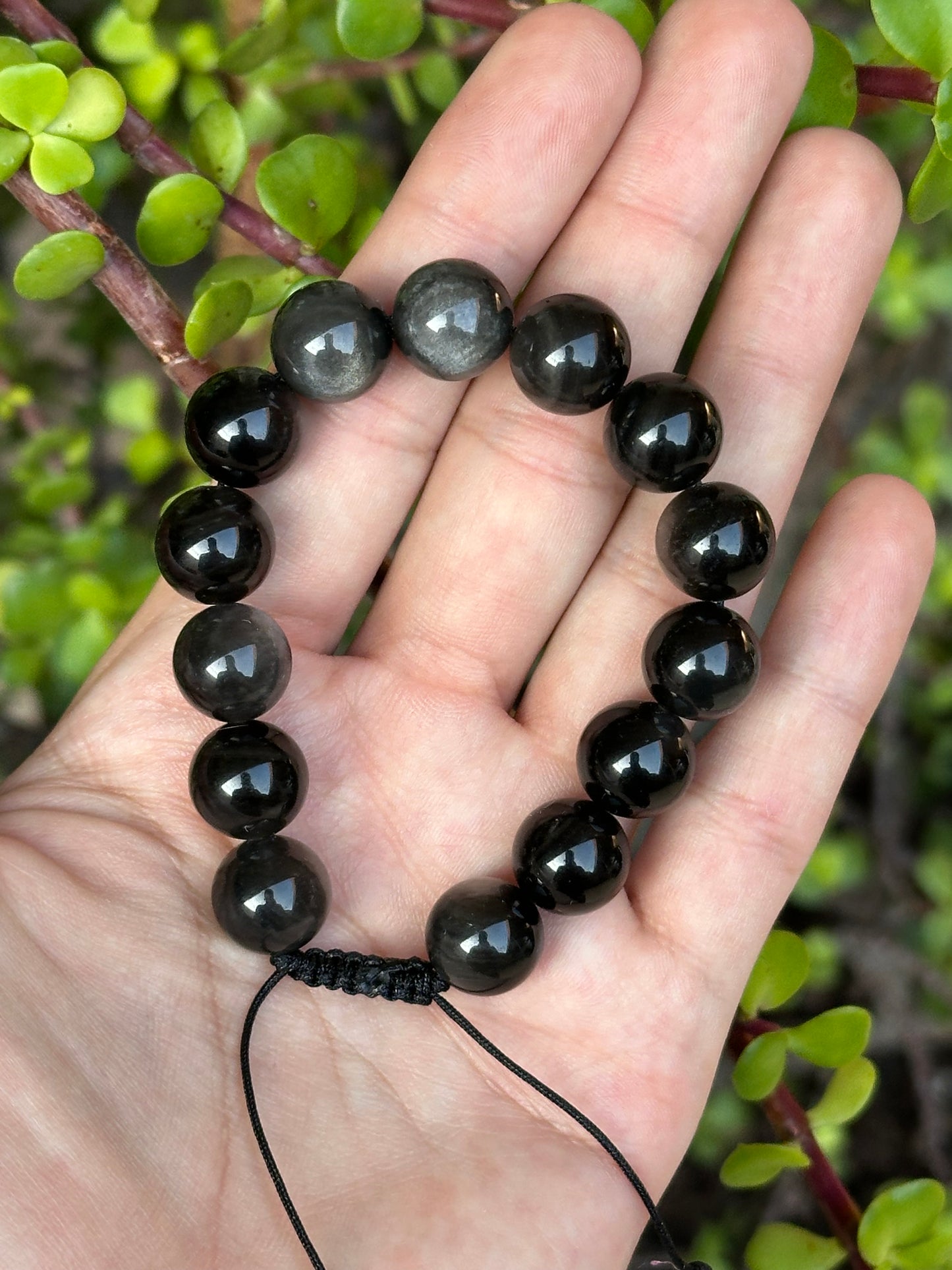 Pulsera Ajustable de Obsidiana Plateada 12mm
