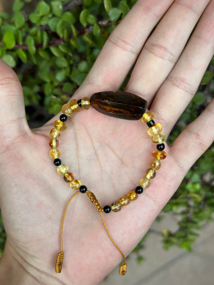 Pulsera Ajustable de Ámbar, Turmalina y Obsidiana