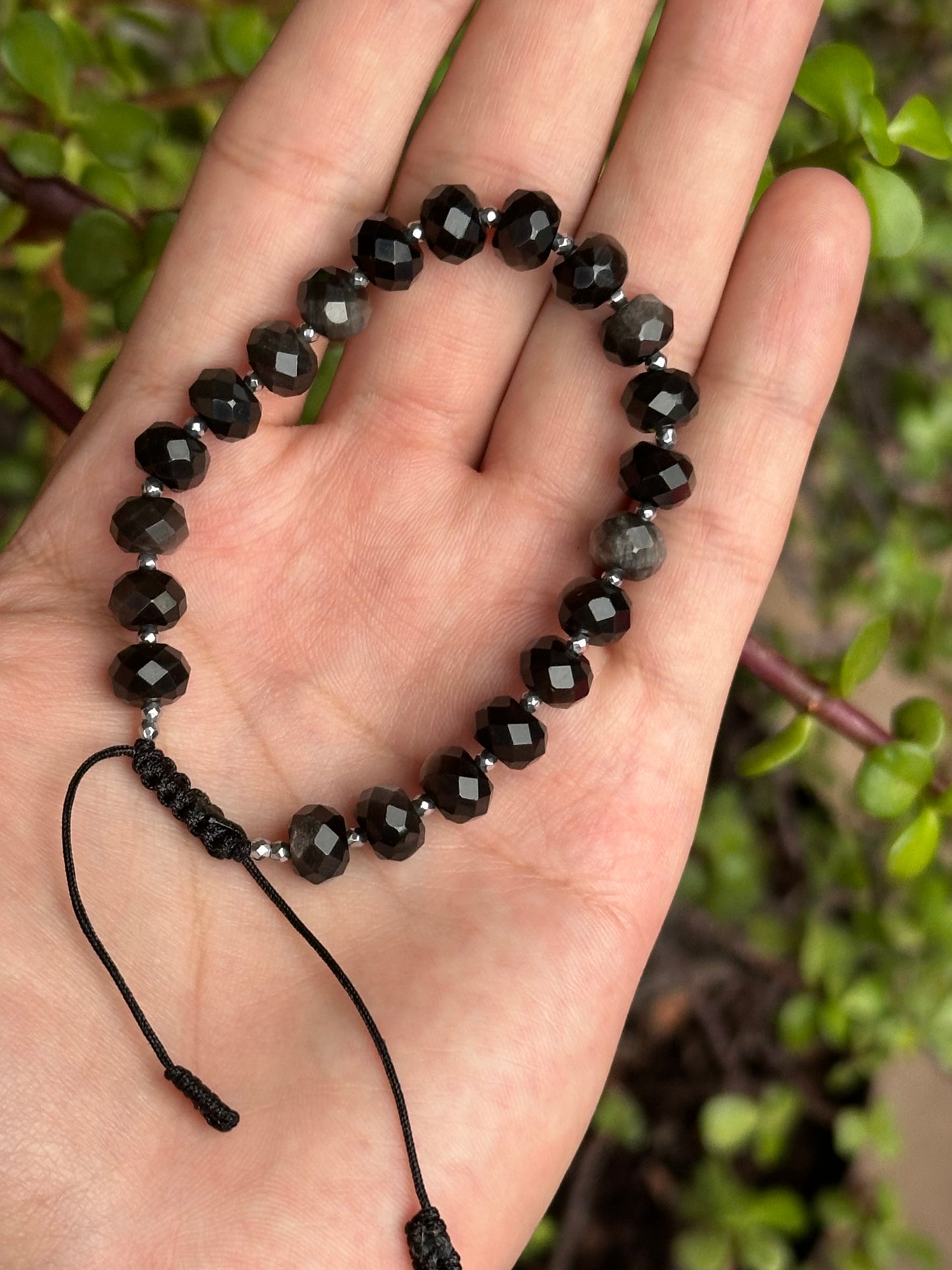 Pulsera Ajustable de Obsidiana Plateada y Hematita