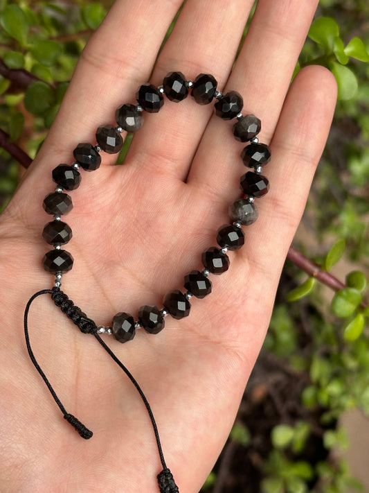 Pulsera Ajustable de Obsidiana Plateada y Hematita