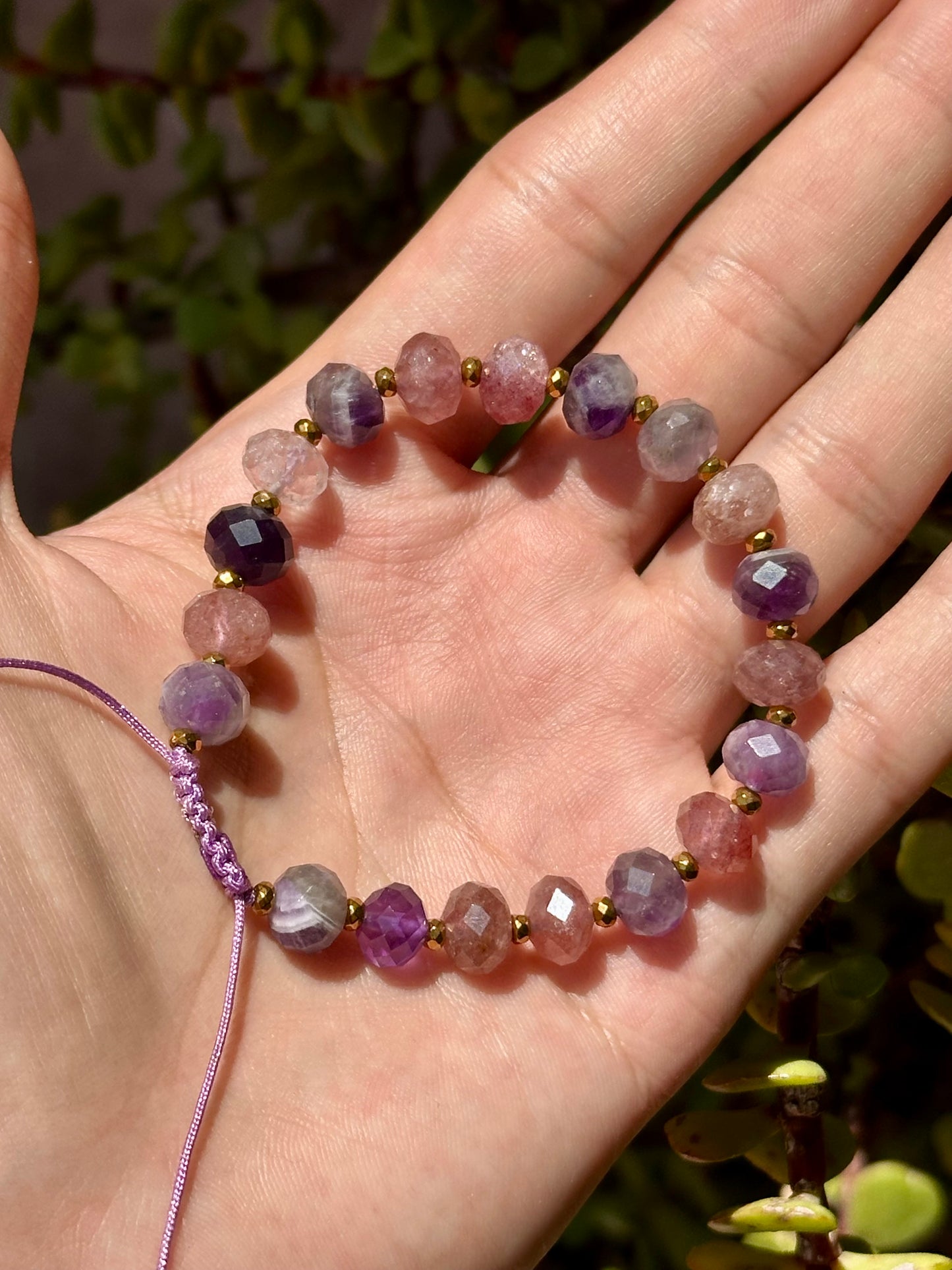Pulsera Ajustable de Cuarzo Fresa y Amatista Facetados