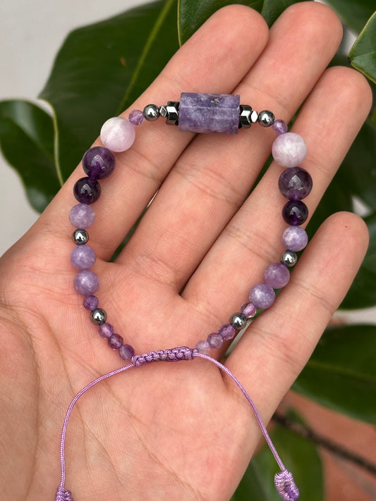 Pulsera Ajustable · Kunzita, Lepidolita, Hematita, Amatista & Terahertz