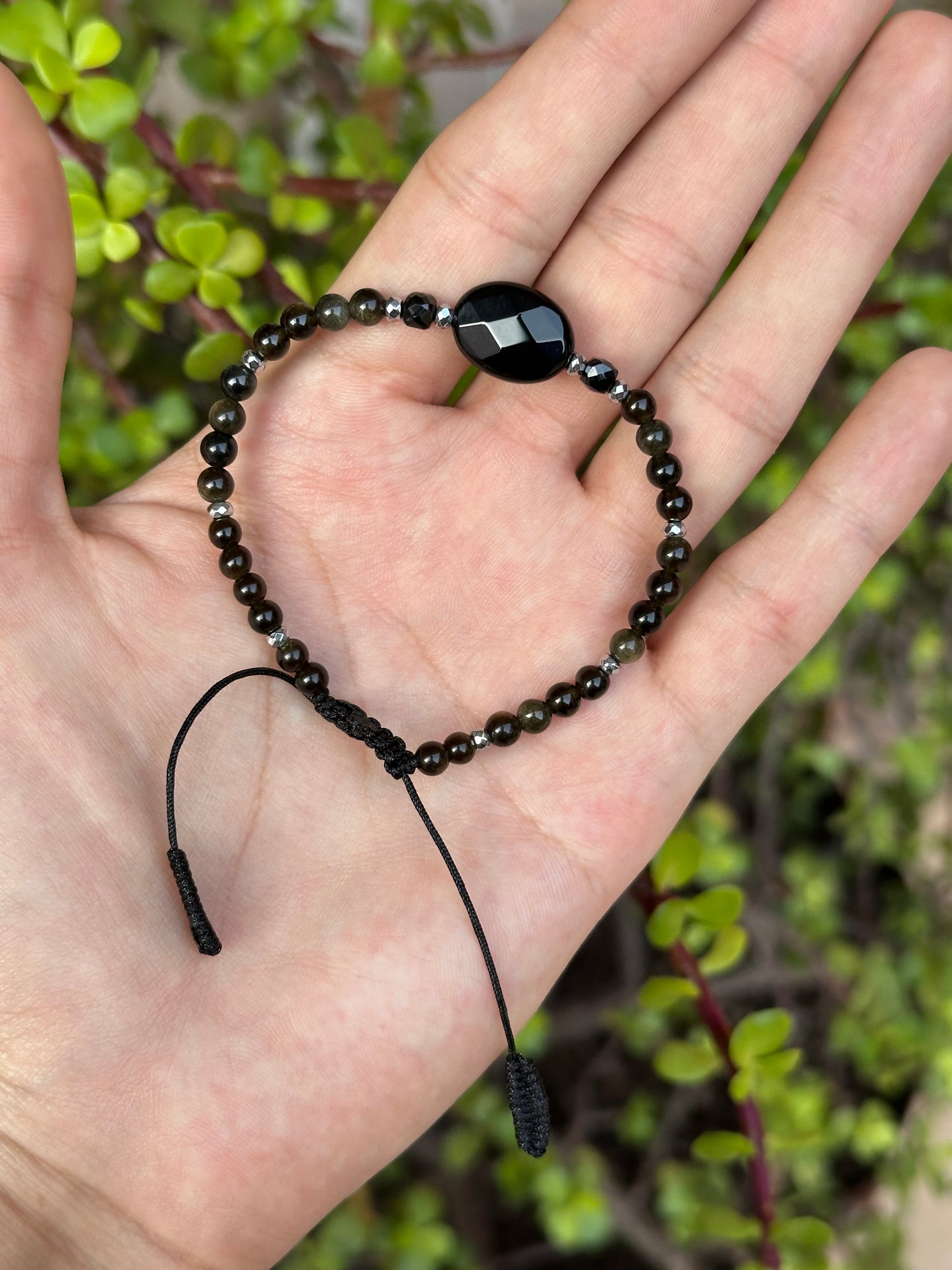 Pulsera Ajustable de Ágata, Obsidiana Dorada, Turmalina y Hematita