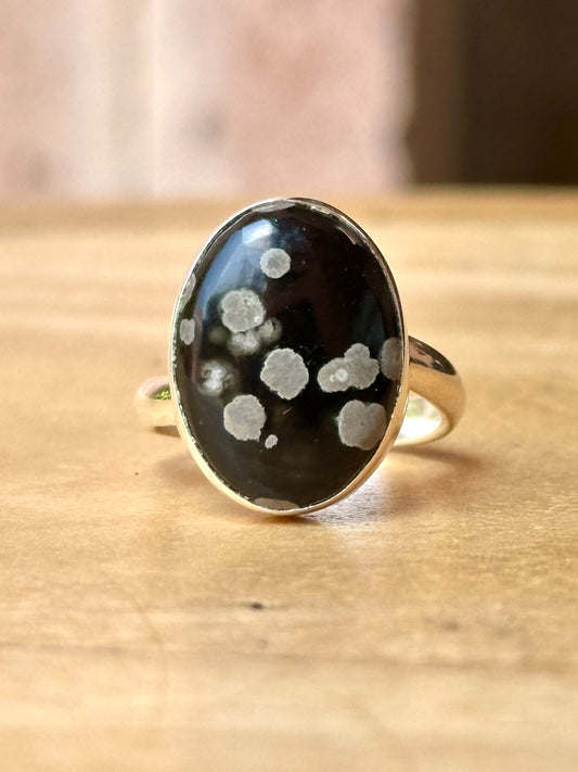 Anillo ajustable de Obsidiana copo de nieve