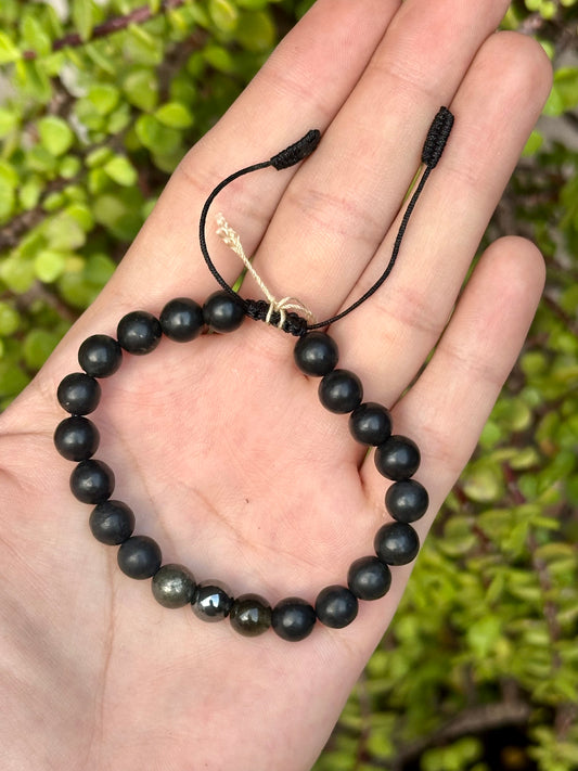 Pulsera ajustable de shungita, pirita y obsidiana dorada