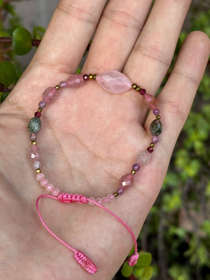 Pulsera Ajustable de Cuarzo Rosa, Hematita, Cuarzo Fresa, Amatista y Granate