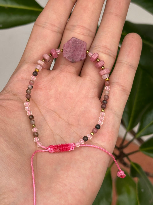 Pulsera Ajustable · Rodocrosita, Rodonita de Brasil, Cuarzo Rosa & Hematita